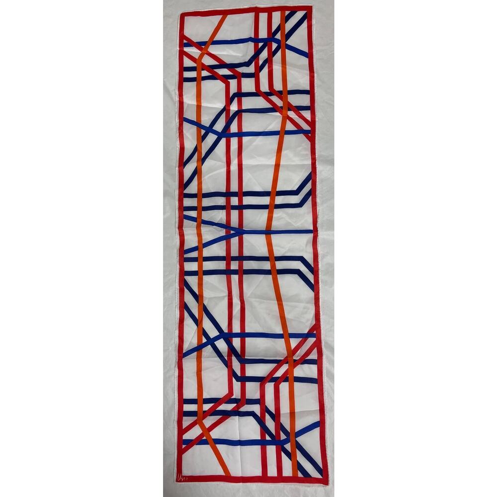 Vintage VERA Neumann Scarf ~  Signed ~ Red, Blue & Orange ~ 13" x 44"